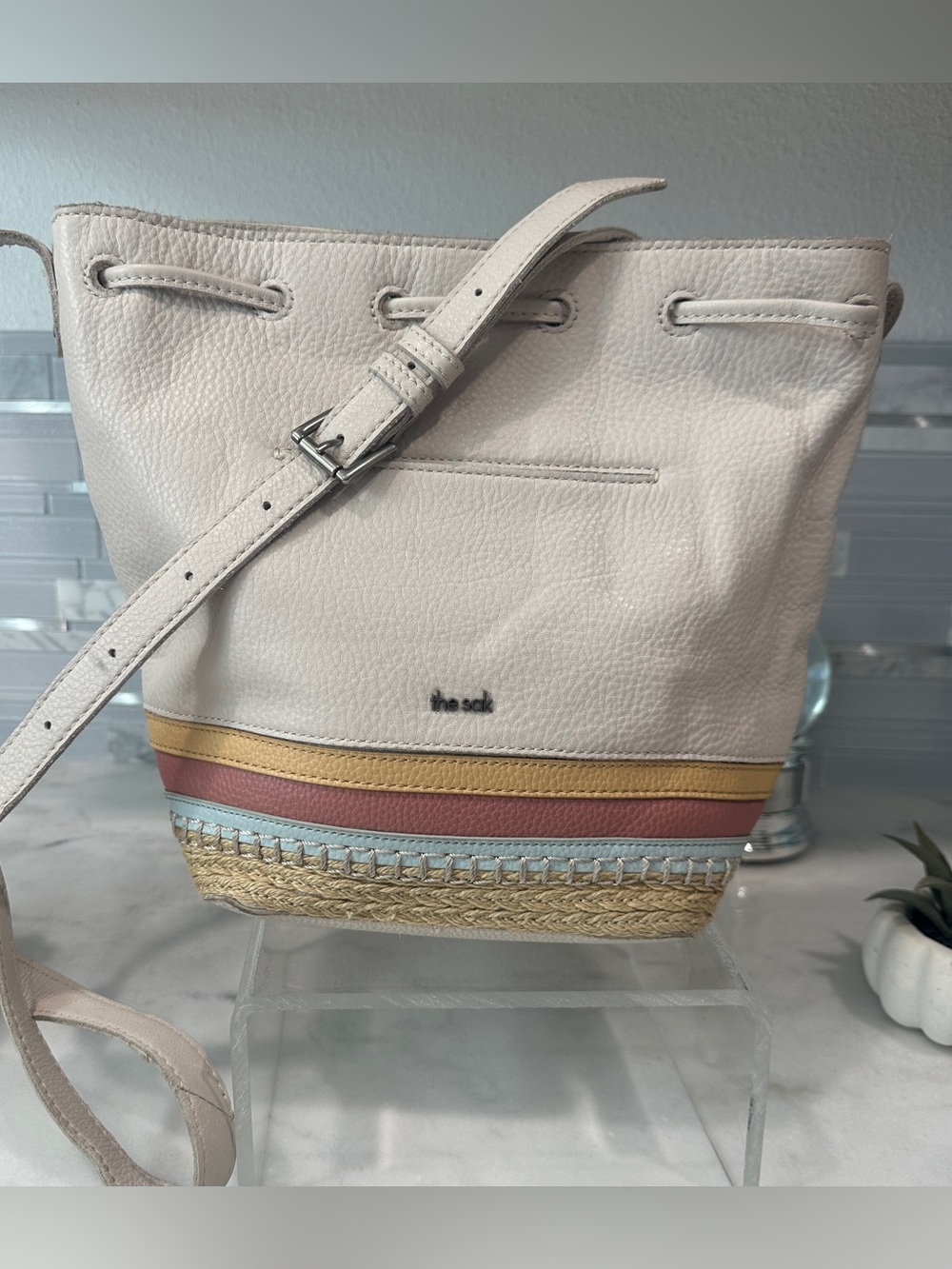 The Sak Ivy Leather Drawstring Bucket Bag cream coastal with striped woven trim - Picture 5 of 13